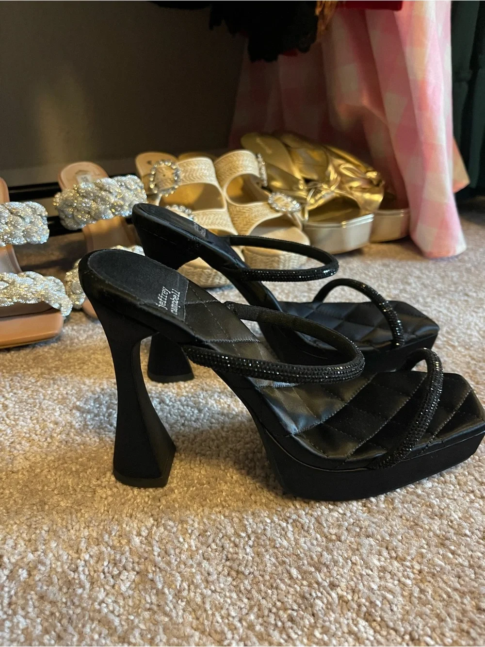 Jeffrey Campbell Black Quilted Platform Strappy Sandal with Rhinestone Straps